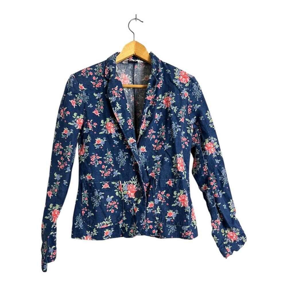 I Love H1981 Women's Floral Blazer Small Blue Linen Vintage Style Lightweight